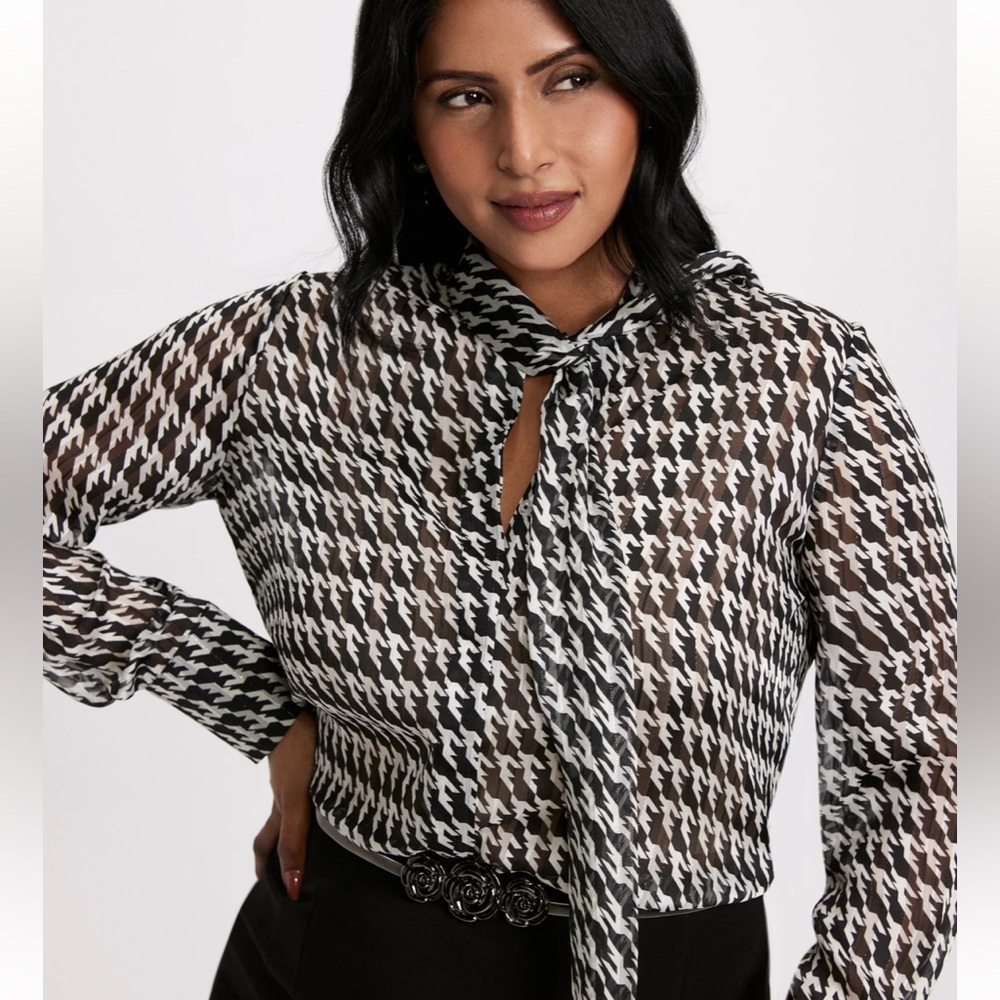 Laura Houndstooth Print Chiffon Blouse Black White